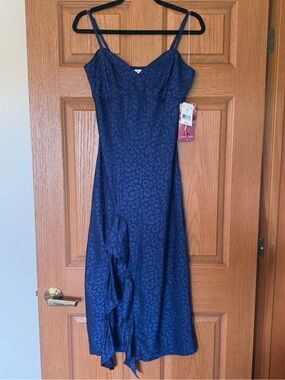 NWT Emerald Sundae Navy Leopard-Print Slip Dress with Ruffle Detail Size Medium